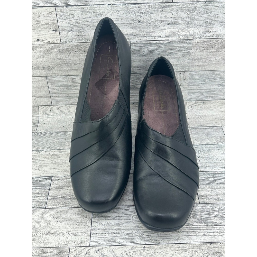 Clarks Everyday Black Leather Pleated Vamp Block Heel Pumps Women Size‎ 8.5M